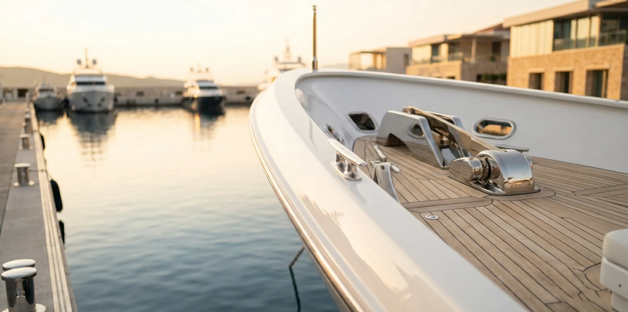 A yacht bow and chrome fittings at a golden-hour marina, residences behind