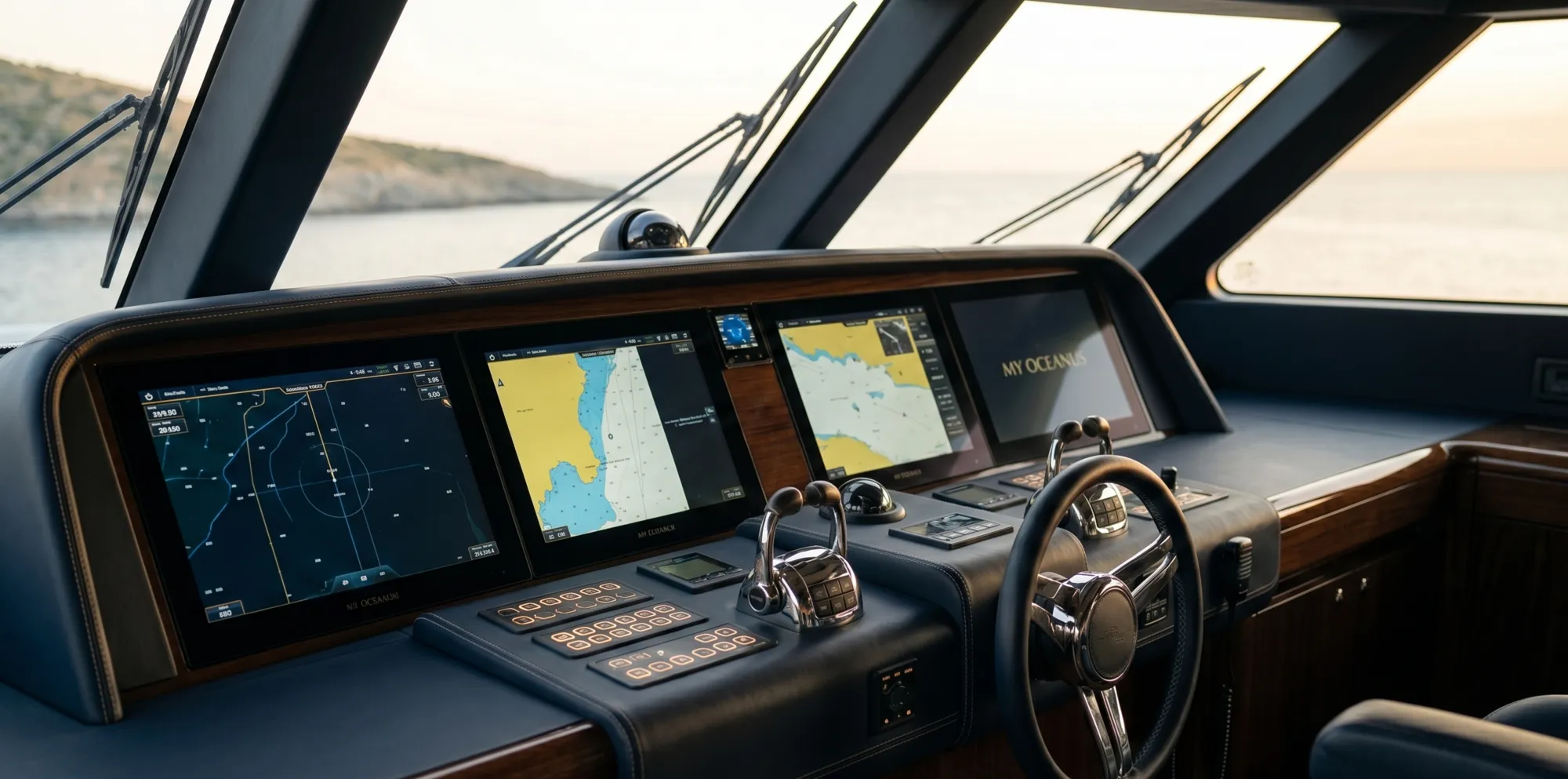Yacht bridge and helm: navigation charts, navy leather and polished wood