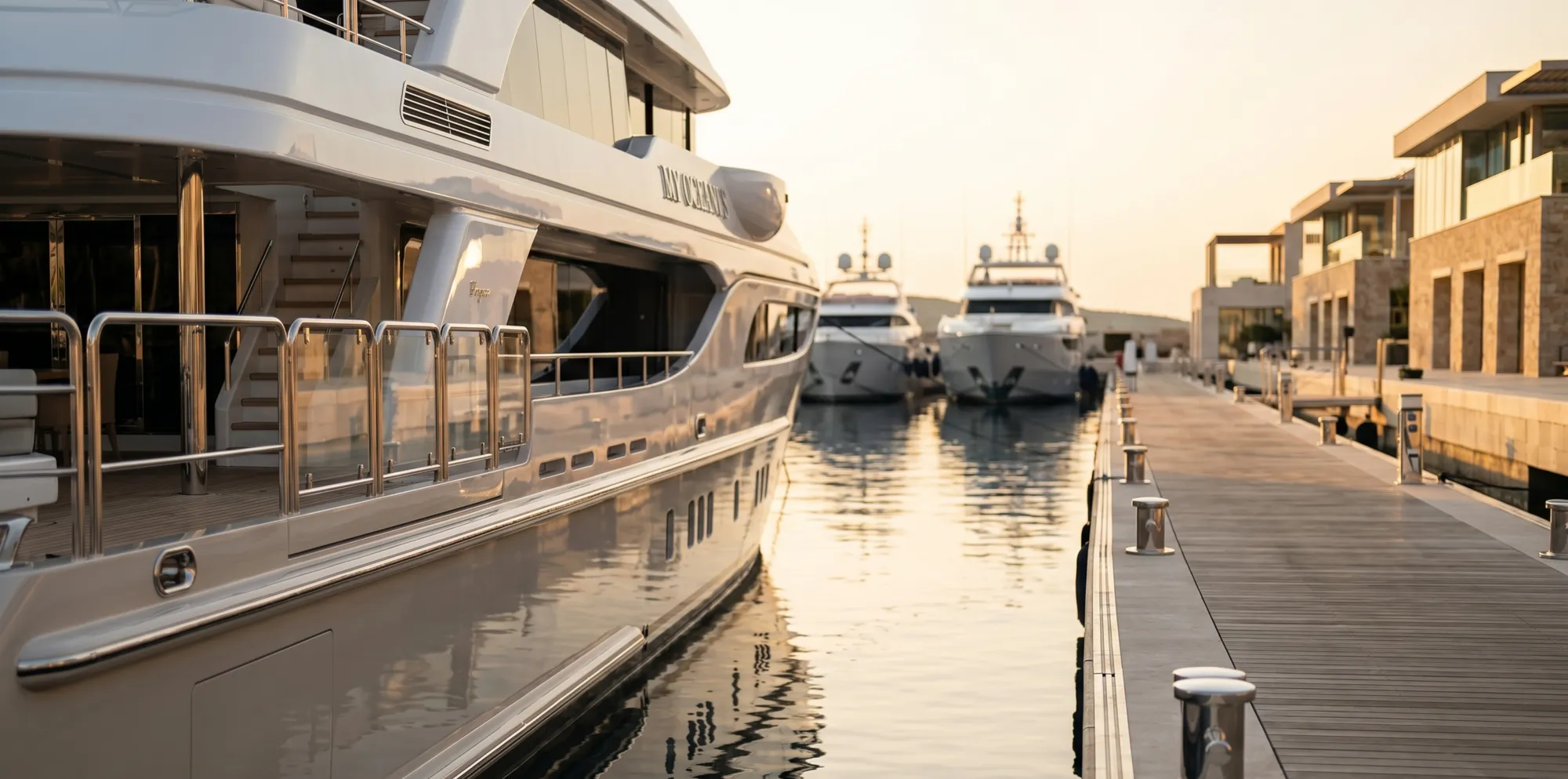 Yachts moored along a golden-hour marina dock