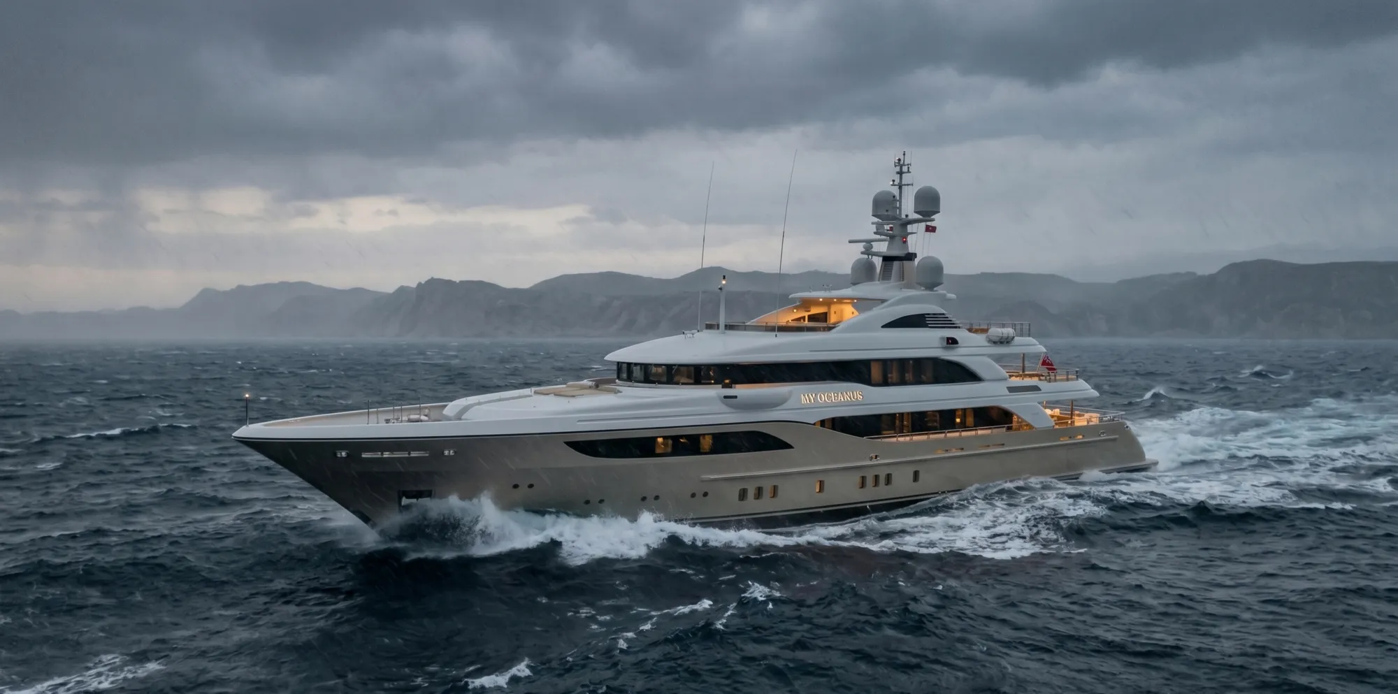 A superyacht riding out heavy seas under a moody sky