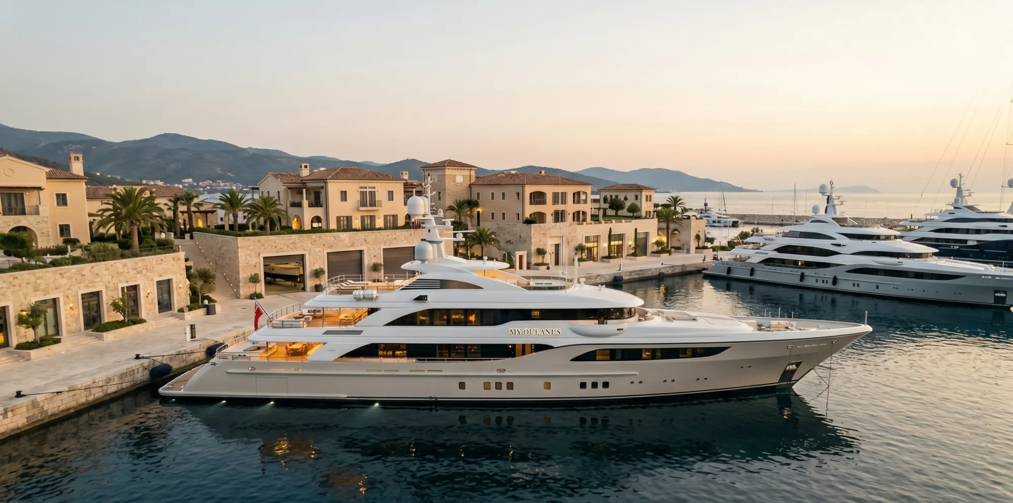A superyacht moored at a Mediterranean stone harbour at dusk