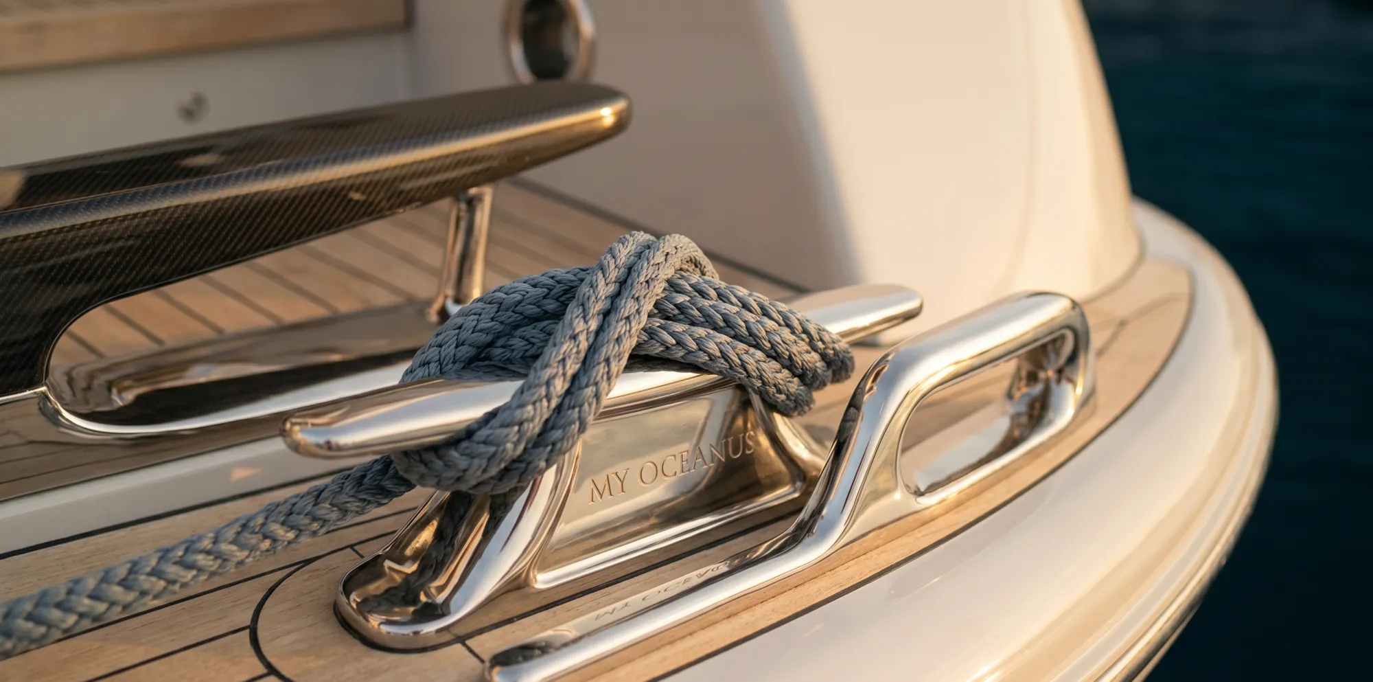 Polished stainless cleat and rope on a teak deck